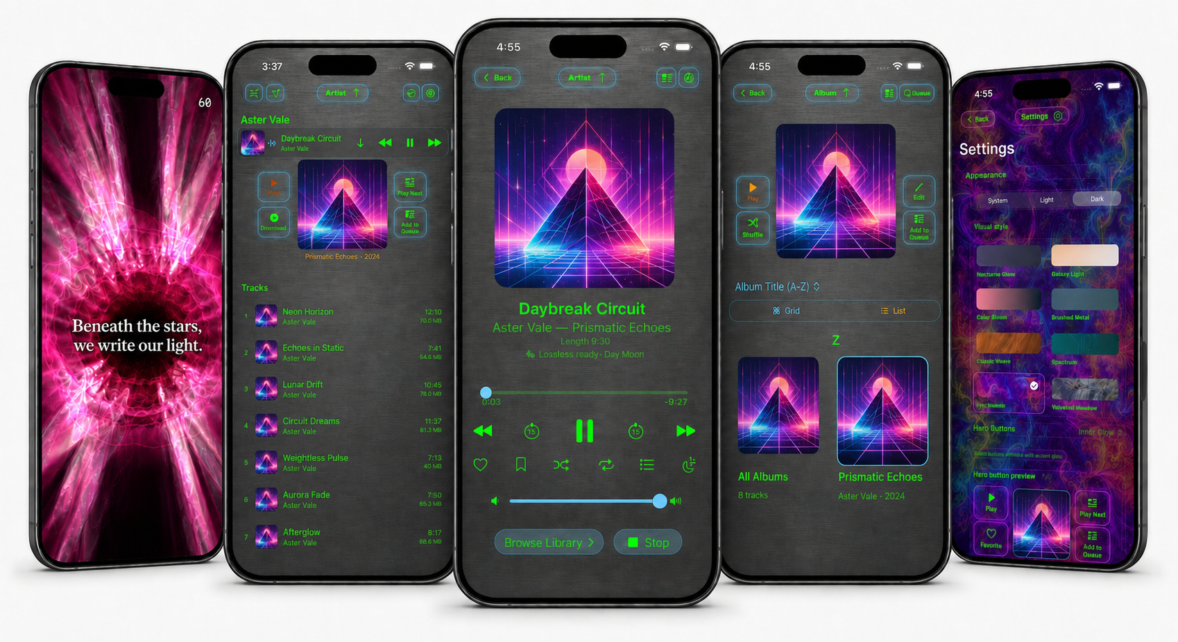 Meikyo running on five phones, with the Now Playing screen centered
